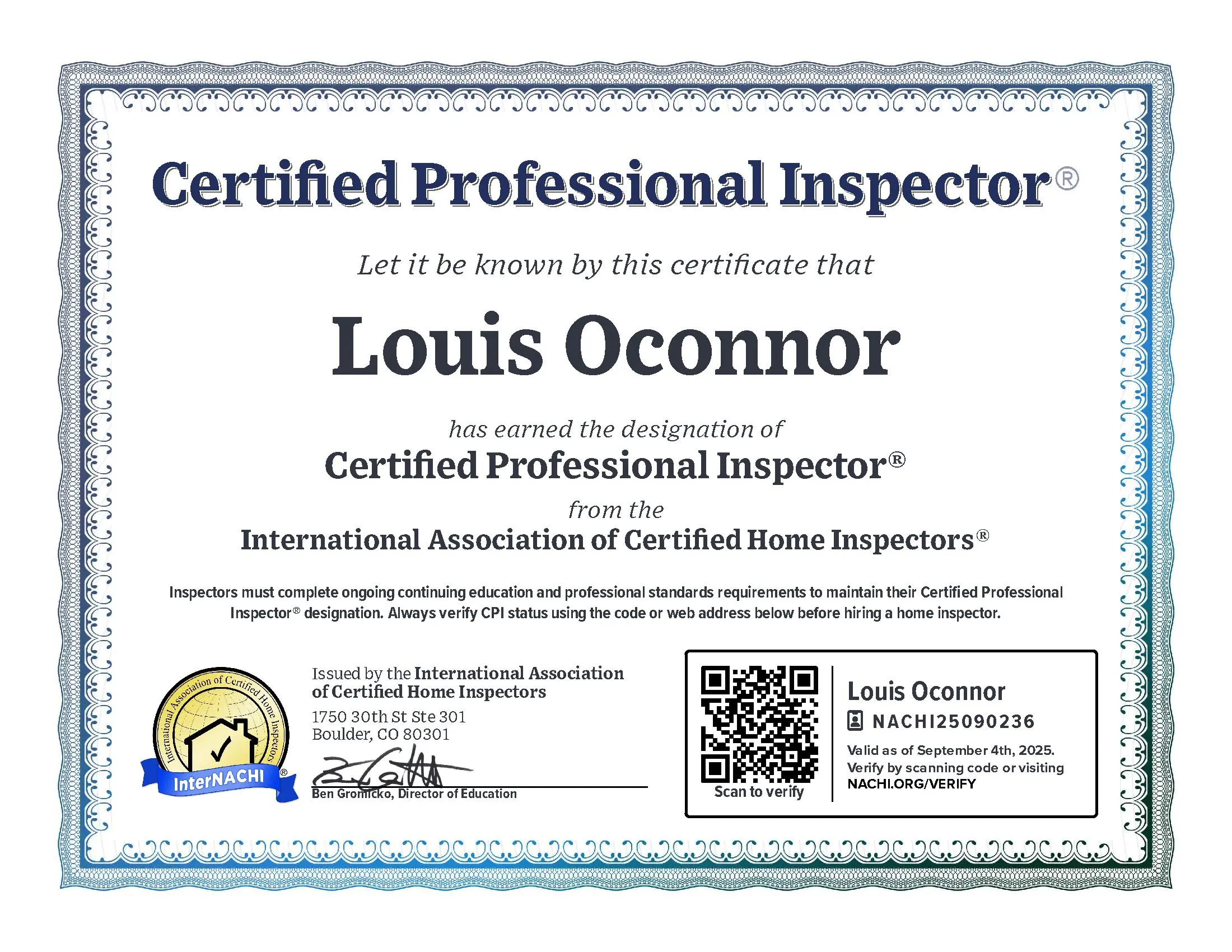 Preview of the Certified Professional Inspector Certificate for Louis Oconnor