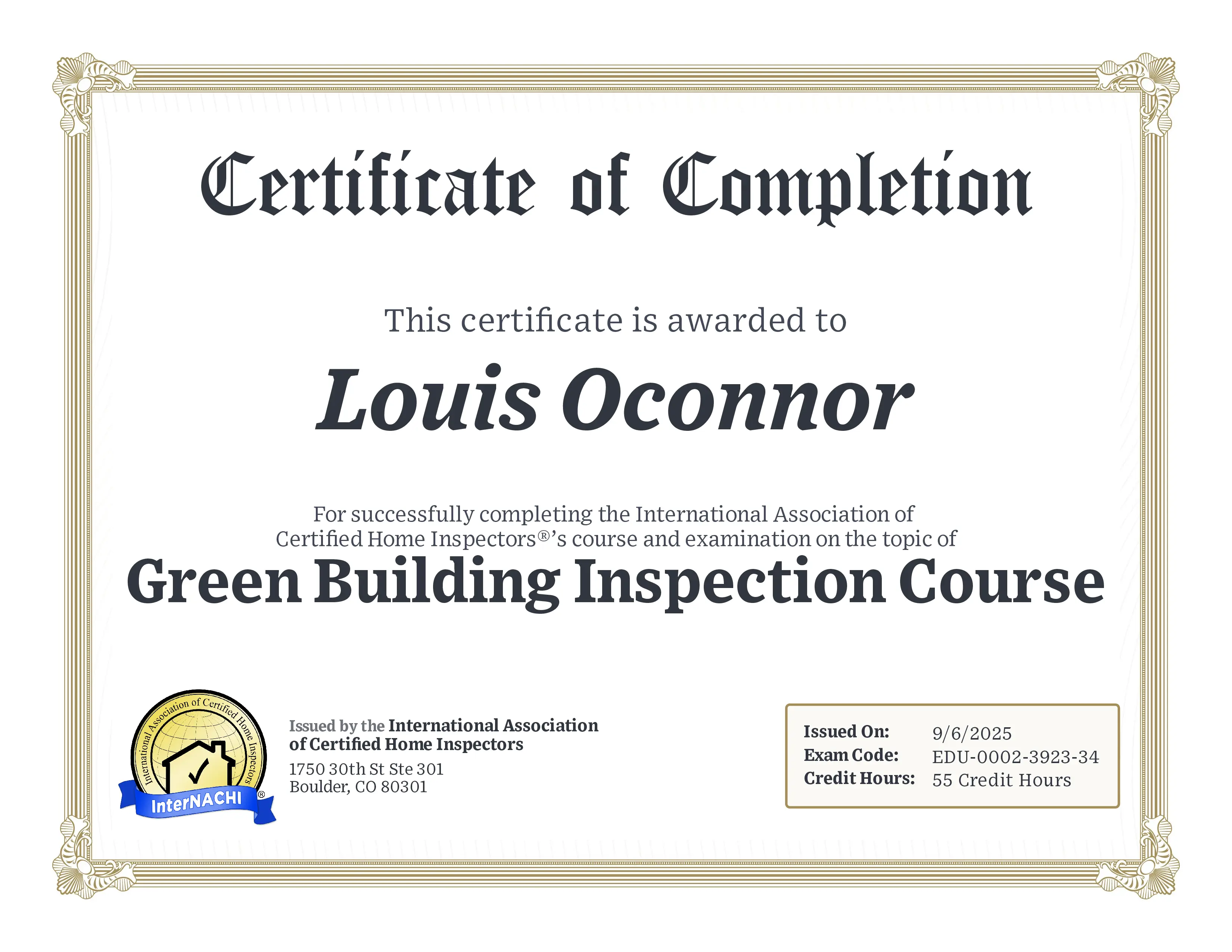 Preview of the Green Building Inspection Course Certificate
