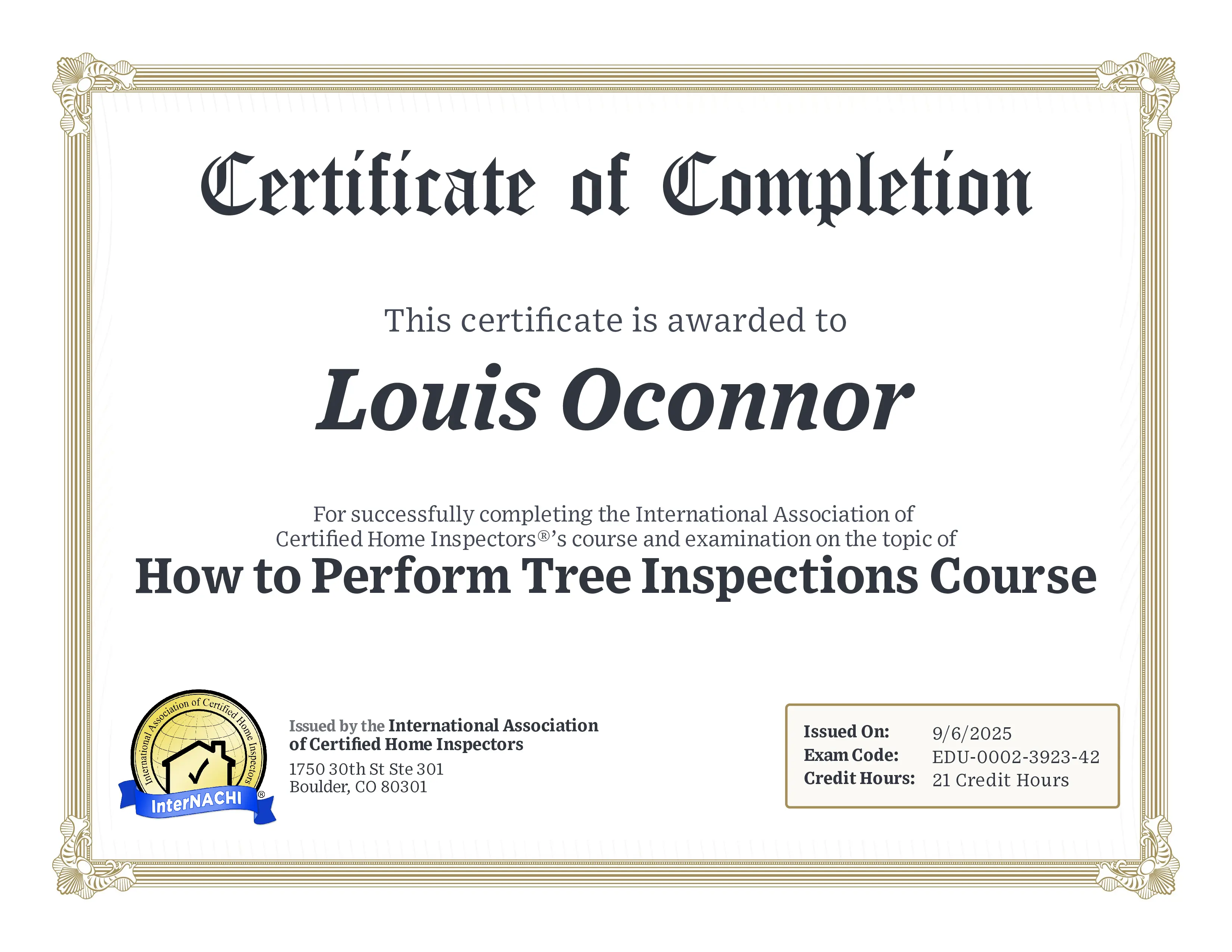 Preview of the Tree Inspection Certification Certificate
