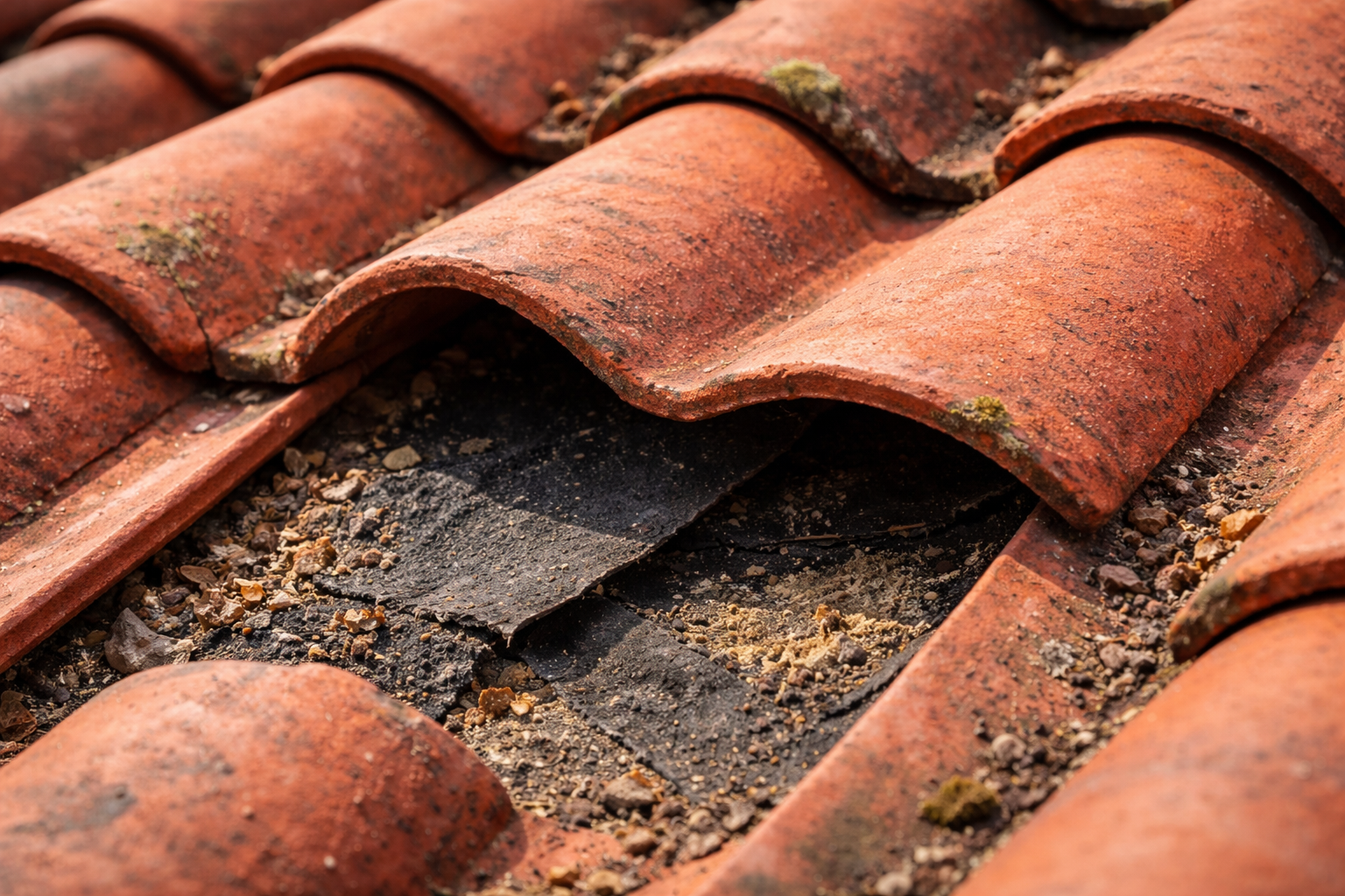 Broken roof tile exposing degraded and brittle tar paper underlayment underneath.